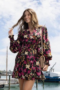 Long Sleeve Dresses: Elle Wrap Dress Black Floral